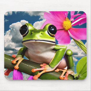 Cute Frog on Pink Flower Branch with Clouds Mouse Pad