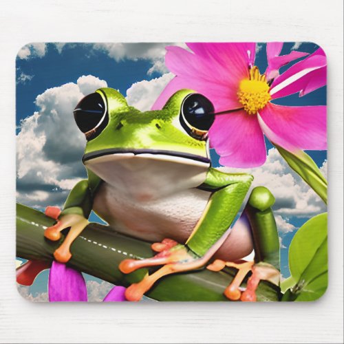 Cute Frog on Pink Flower Branch with Clouds Mouse Pad