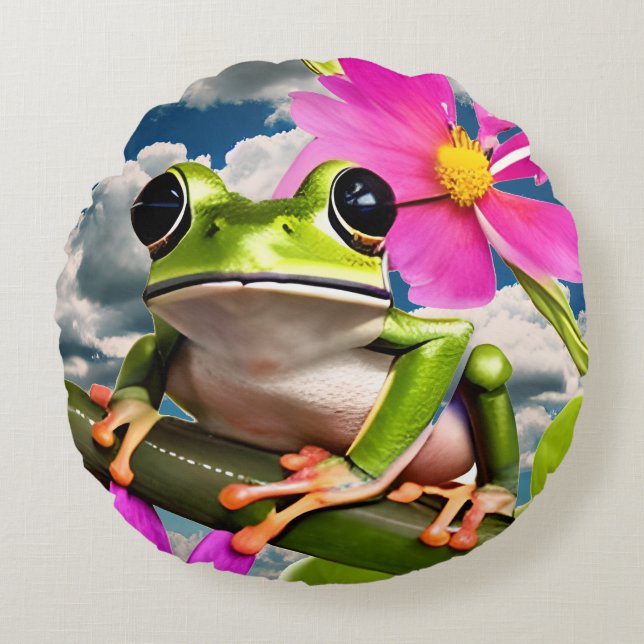 Cute Frog on Pink Flower Branch with Clouds Round Pillow (Front)