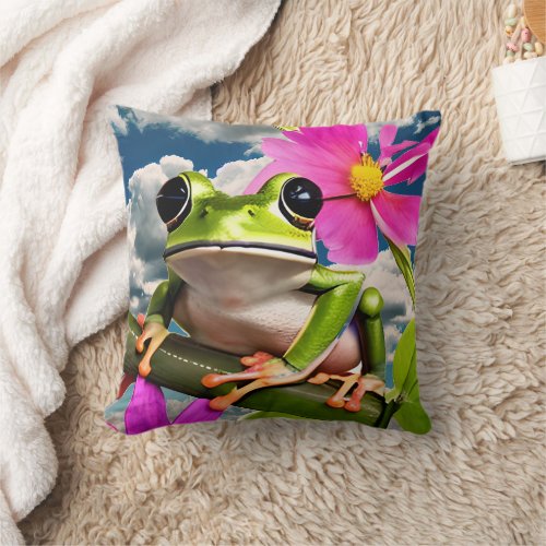 Cute Frog on Pink Flower Branch with Clouds Throw Pillow