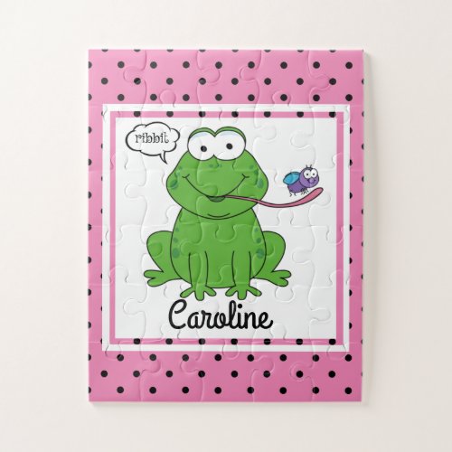 Cute Frog on Polka Dots Personalized Kids Jigsaw Puzzle