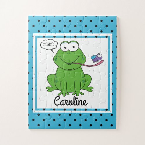 Cute Frog on Polka Dots Personalized Kids Jigsaw Puzzle