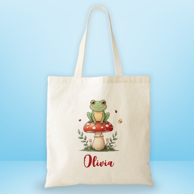 Cute Frog on Red Mushroom Tote Bag (Creator Uploaded)