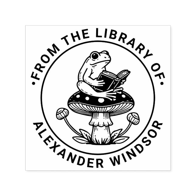 Cute Frog on Toadstool Reading Library Book Name Self-inking Stamp (Design)