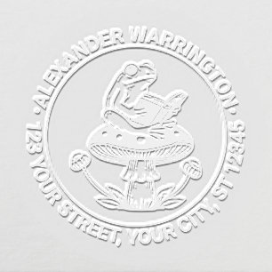 Cute Frog on Toadstool Reading Name Return Address Embosser