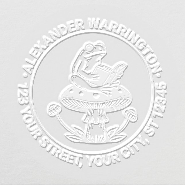 Cute Frog on Toadstool Reading Name Return Address Embosser (Design)