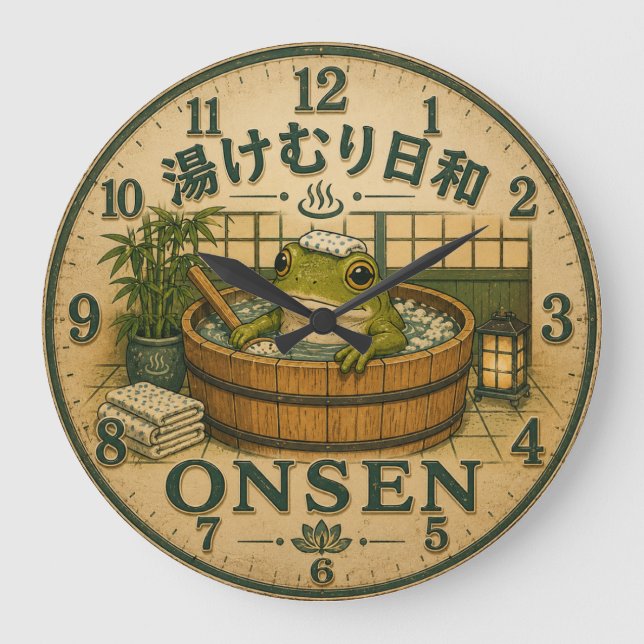 Cute Frog Onsen Large Clock (Front)