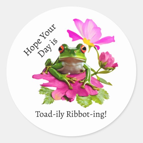  Cute Frog or Toad Pun on Pink Flowers Classic Round Sticker