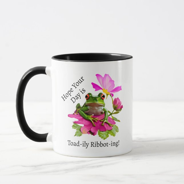  Cute Frog or Toad Pun on Pink Flowers Mug (Left)