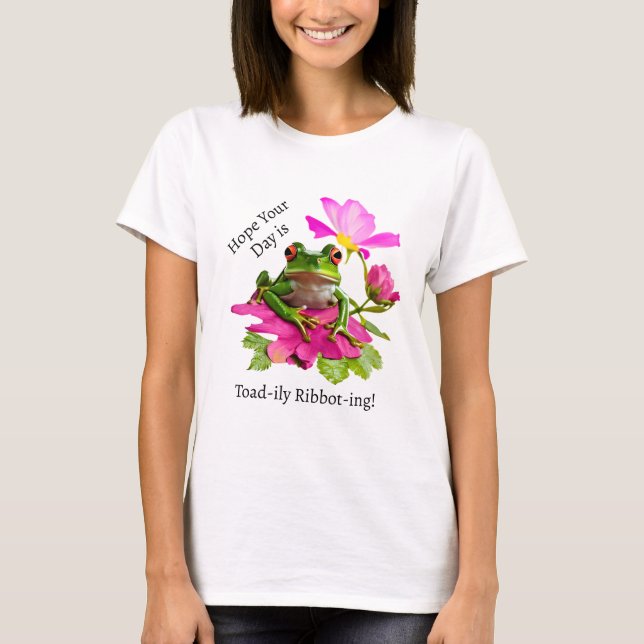  Cute Frog or Toad Pun on Pink Flowers T-Shirt (Front)