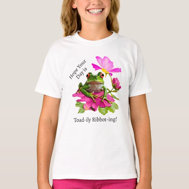  Cute Frog or Toad Pun on Pink Flowers T-Shirt (Front)