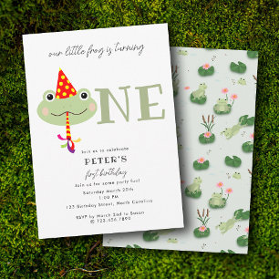 Cute Frog Party Hat Kids First 1st Birthday Party Invitation