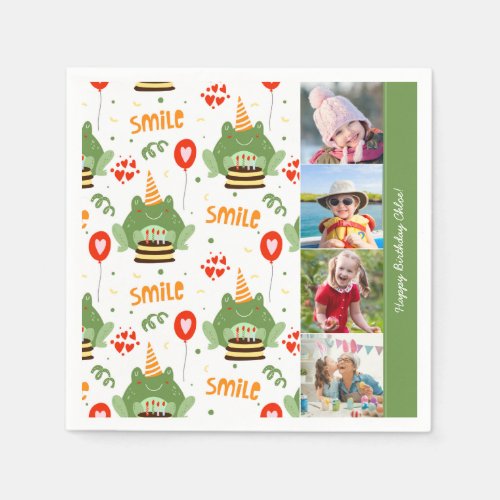 Cute Frog Pattern Smile Text Happy Birthday Photo Napkins