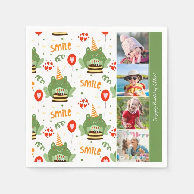 Cute Frog Pattern Smile Text Happy Birthday Photo Napkins (Front)