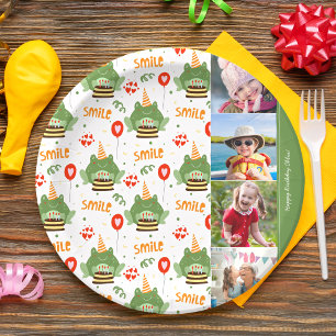 Cute Frog Pattern Smile Text Happy Birthday Photo Paper Plates