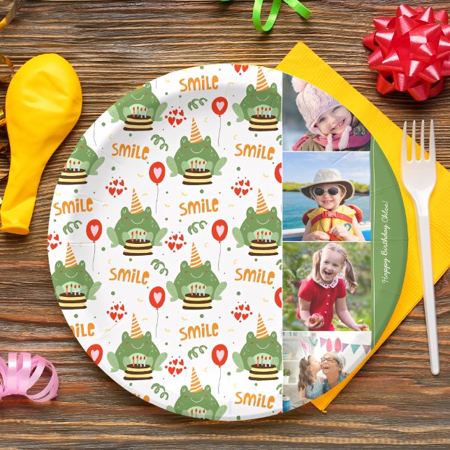 Cute Frog Pattern Smile Text Happy Birthday Photo Paper Plates (Creator Uploaded)