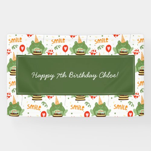 Cute Frog Pattern Smile Text Happy Birthday w Name Banner