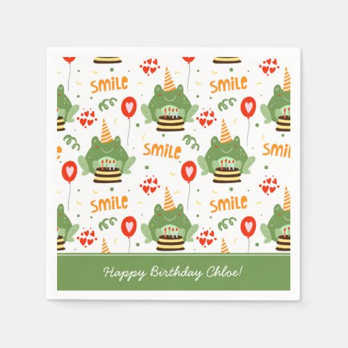 Cute Frog Pattern Smile Text Happy Birthday w Name Napkins
