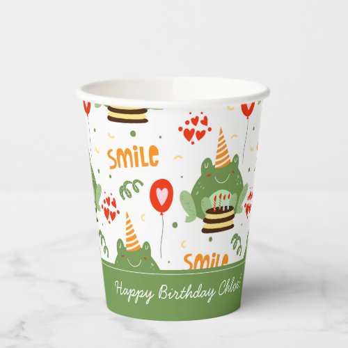 Cute Frog Pattern Smile Text Happy Birthday w Name Paper Cups