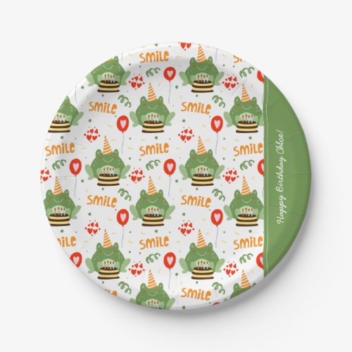 Cute Frog Pattern Smile Text Happy Birthday w Name Paper Plates