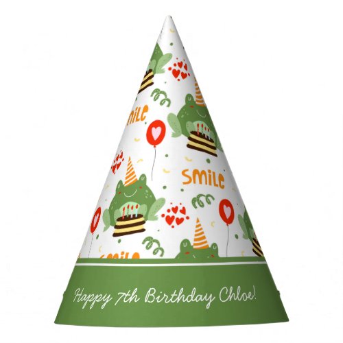 Cute Frog Pattern Smile Text Happy Birthday w Name Party Hat