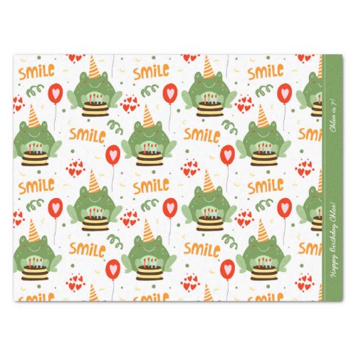 Cute Frog Pattern Smile Text Happy Birthday w Name Tissue Paper