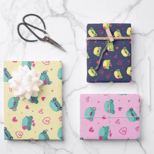 Cute Frog Pink Heart Love Pattern Valentines Day Wrapping Paper Sheets