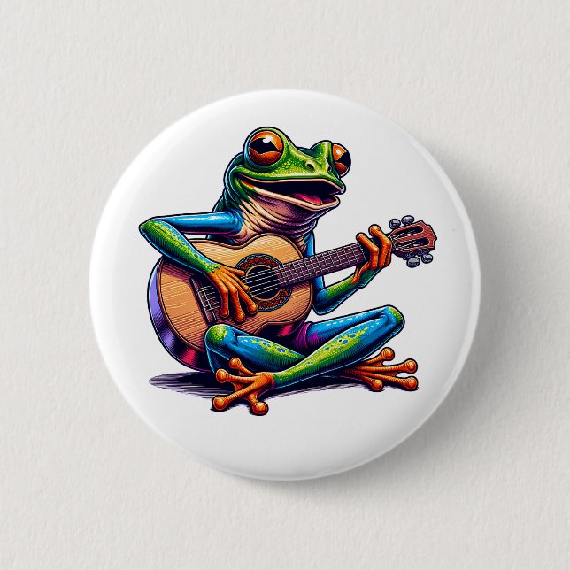 Cute Frog Playing a Guitar Button (Front)