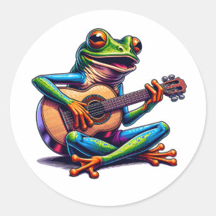 Cute Frog Playing a Guitar Classic Round Sticker