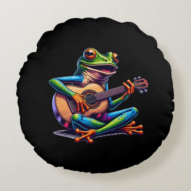 Cute Frog Playing a Guitar  Round Pillow (Front)