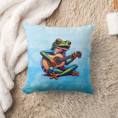 Cute Frog Playing a Guitar  Throw Pillow