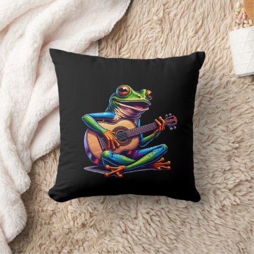 Cute Frog Playing a Guitar  Throw Pillow