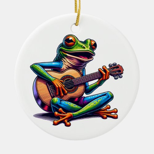 Cute Frog Playing a Guitar  Toad Pun Christmas Ceramic Ornament
