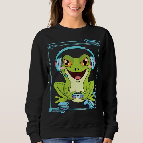 Cute Frog Playing Video Game Funny Gamer Frog Amph Sweatshirt