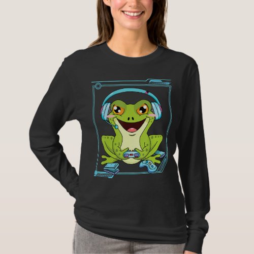 Cute Frog Playing Video Game Funny Gamer Frog Amph T_Shirt