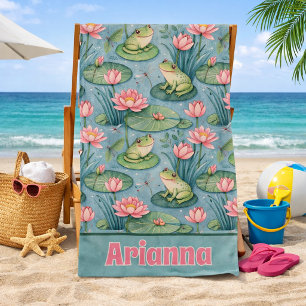 Cute Frog Pond Design with Lily Pads, Lotus Flower Beach Towel