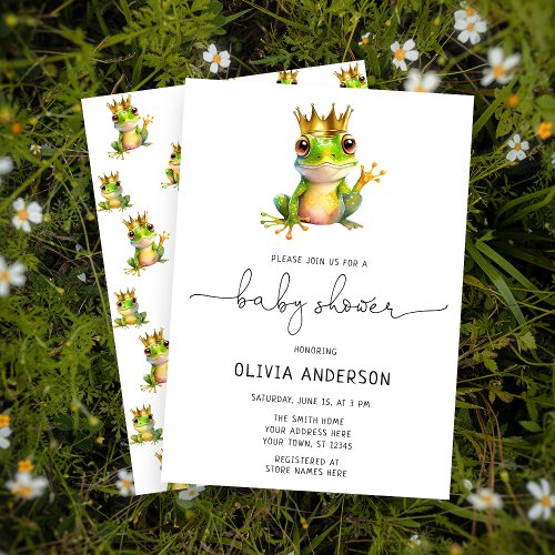 Cute Frog Prince Green  Gold Baby Shower Invitation