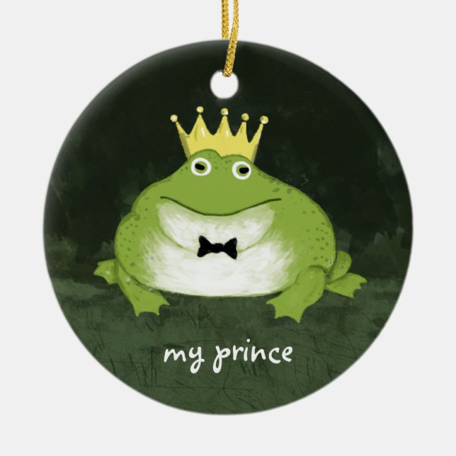 Cute Frog Prince with Custom Text Charming Groom Ceramic Ornament (Front)