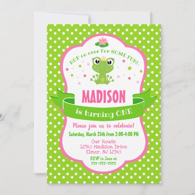 Cute Frog Princess Invitation for a Girl (Front)