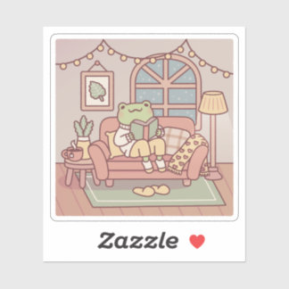 Cute Frog Reading A Book In Cozy Room Sticker