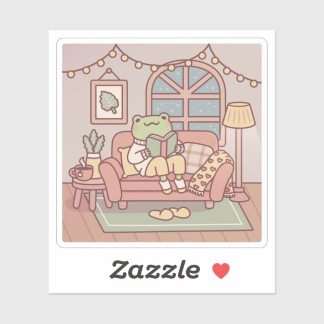 Cute Frog Reading A Book In Cozy Room Sticker (Sheet)