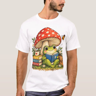 Cute Frog Reading Under Mushroom Book Lover Design T-Shirt