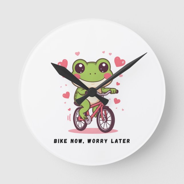 Cute Frog Riding Bicycle | Funny Frog Lover Gift Round Clock (Front)