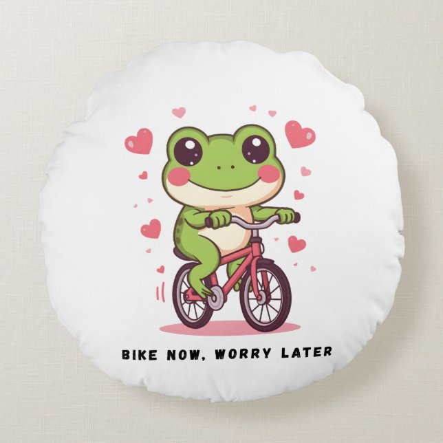 Cute Frog Riding Bicycle | Funny Frog Lover Gift Round Pillow (Front)