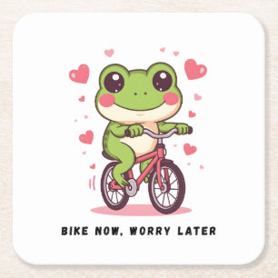 Cute Frog Riding Bicycle Funny Frog Lover Gift Square Paper Coaster