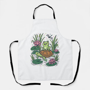 Cute Frog Riding Turtle Pond Vintage Vector Art_1 Apron