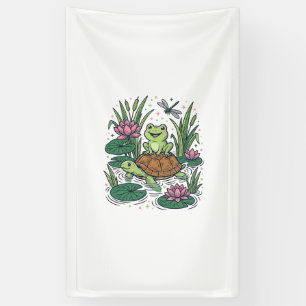 Cute Frog Riding Turtle Pond Vintage Vector Art_1 Banner