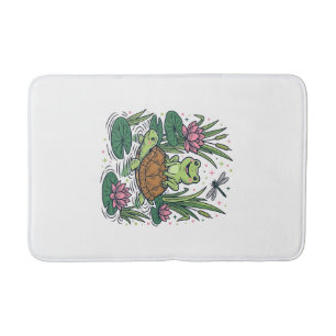 Cute Frog Riding Turtle Pond Vintage Vector Art_1 Bath Mat