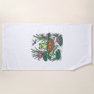 Cute Frog Riding Turtle Pond Vintage Vector Art_1 Beach Towel