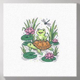 Cute Frog Riding Turtle Pond Vintage Vector Art_1 Canvas Photo Tile